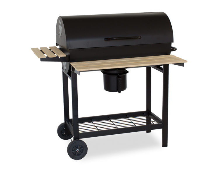 Rectangular charcoal grill, foldable wooden shelf