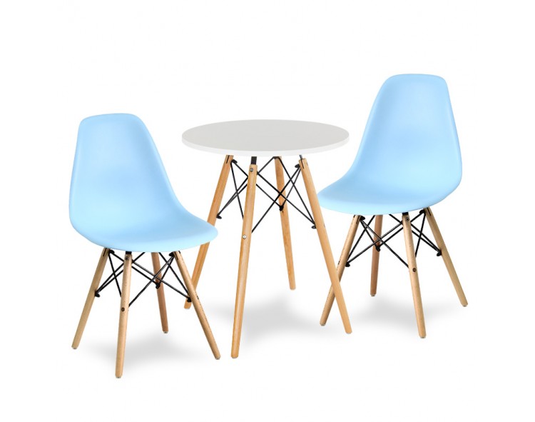 Round white table + 2 blue chairs Scandinavian modern kitchen set