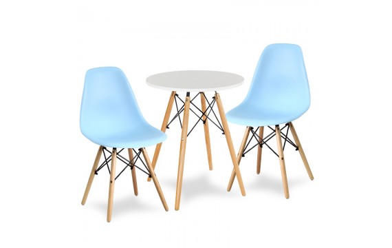 Round white table + 2 blue chairs Scandinavian modern kitchen set