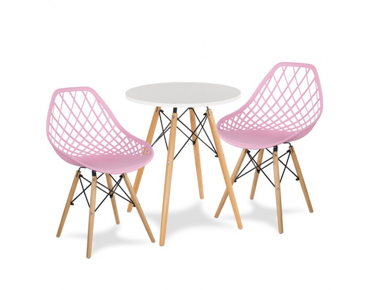 Round table white + 2 chairs pink Scandinavian modern kitchen set