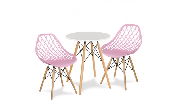 Round table white + 2 chairs pink Scandinavian modern kitchen set