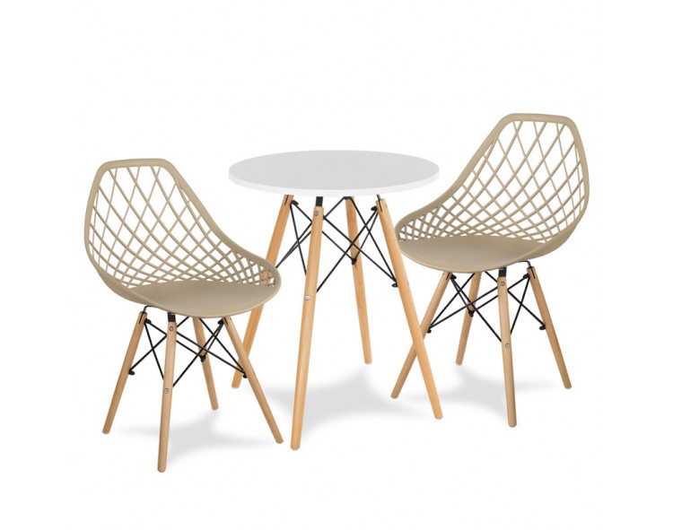 Round table white, 2 chairs light brown Scandinavian modern kitchen set