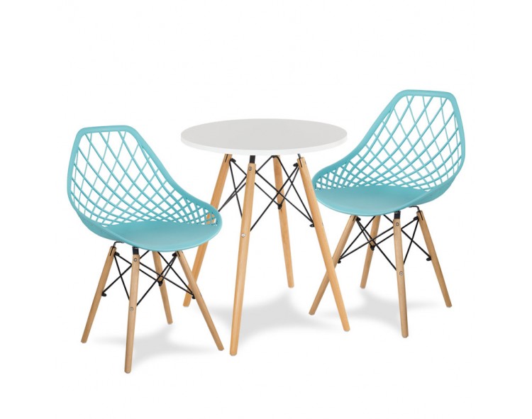 Round white table + 2 chairs turquoise Scandinavian modern kitchen set