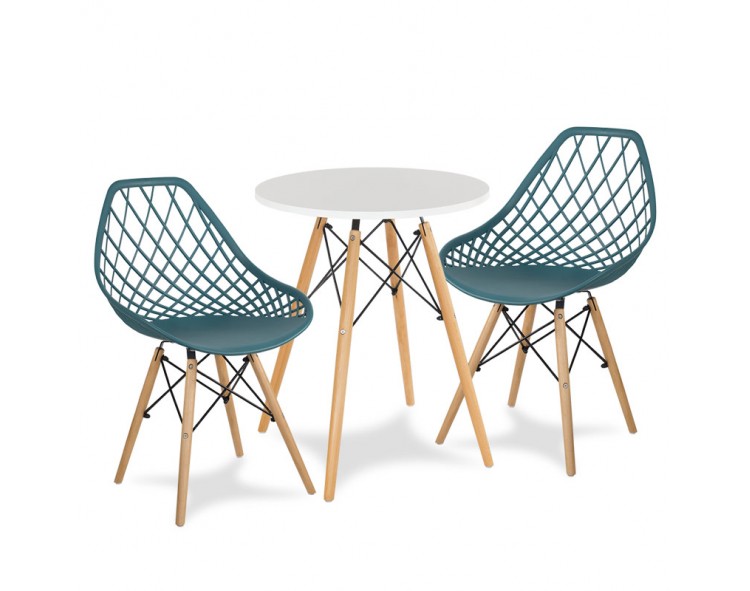 Round table  white + 2 chairs dark turquoise Scandinavian modern kitchen set