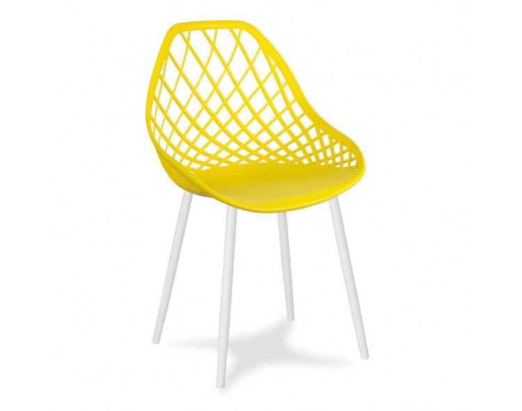 Modern Scandinavian openwork chair on metal white legs, stylish yellow