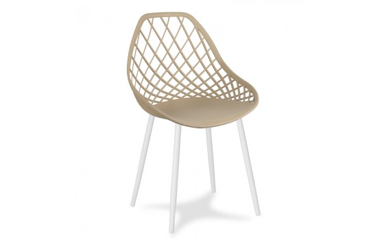 Modern Scandinavian openwork chair on metal white legs, stylish light brown