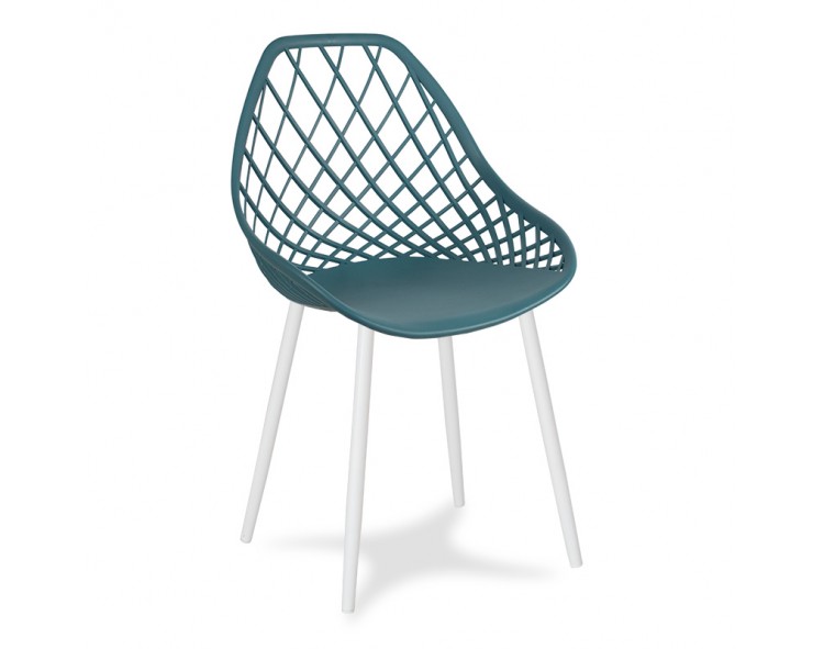 Modern Scandinavian openwork chair on metal white legs, stylish dark turquoise