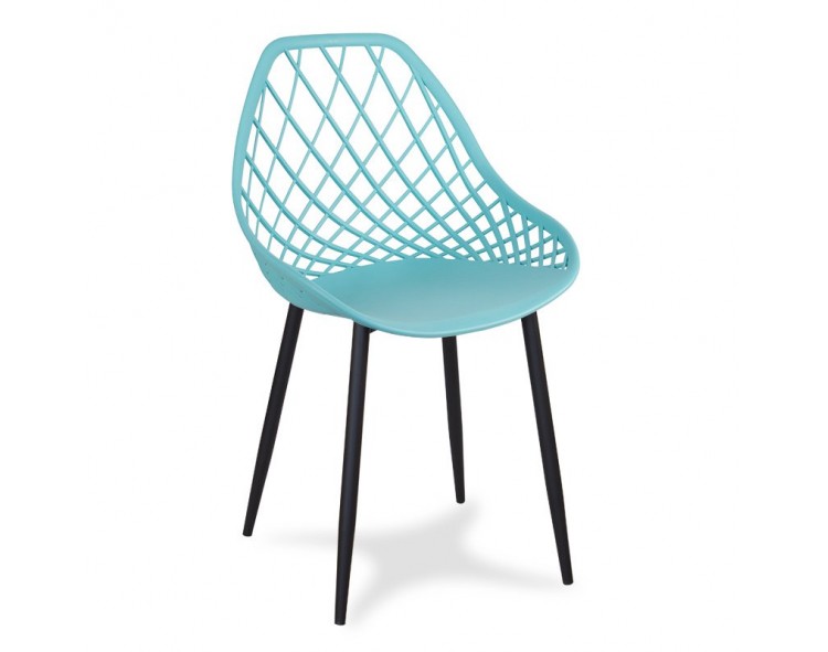 Modern Scandinavian openwork chair on metal black legs, stylish turquoise