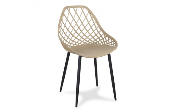 Modern Scandinavian openwork chair on metal black legs, stylish light brown