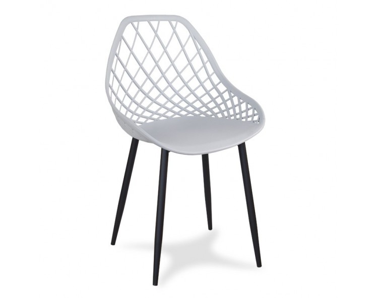 Modern Scandinavian openwork chair on metal black legs, stylish gray