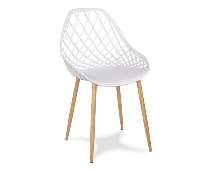 Scandinavian modern openwork chair on metal beech legs, stylish white