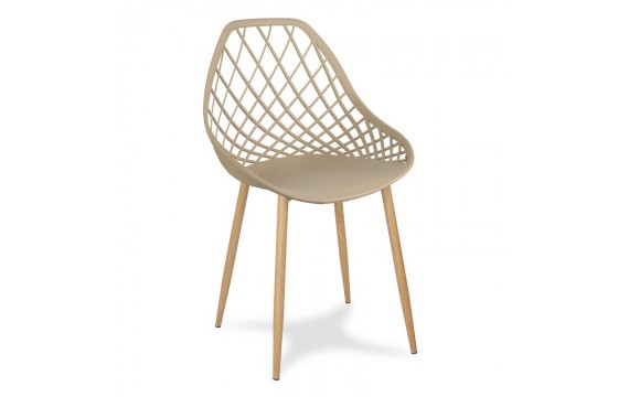 Scandinavian modern openwork chair on metal beech legs, stylish light brown