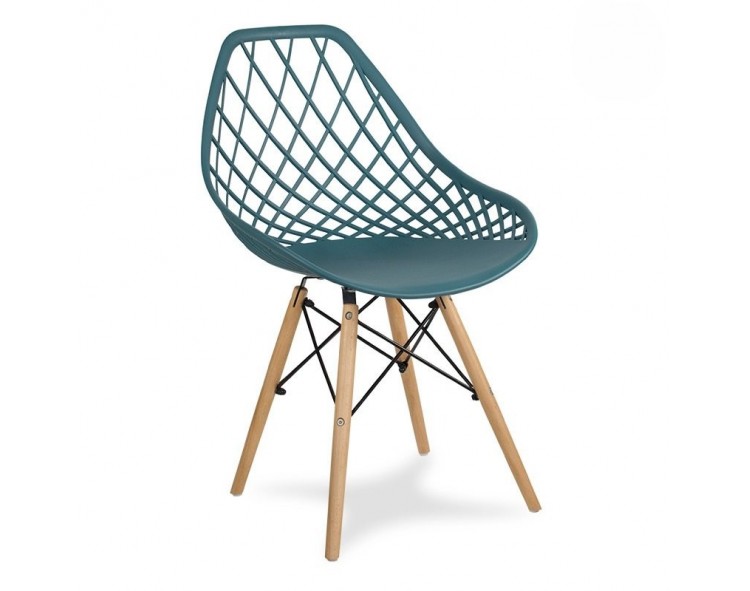 Modern Scandinavian openwork chair on wooden beech legs, stylish white