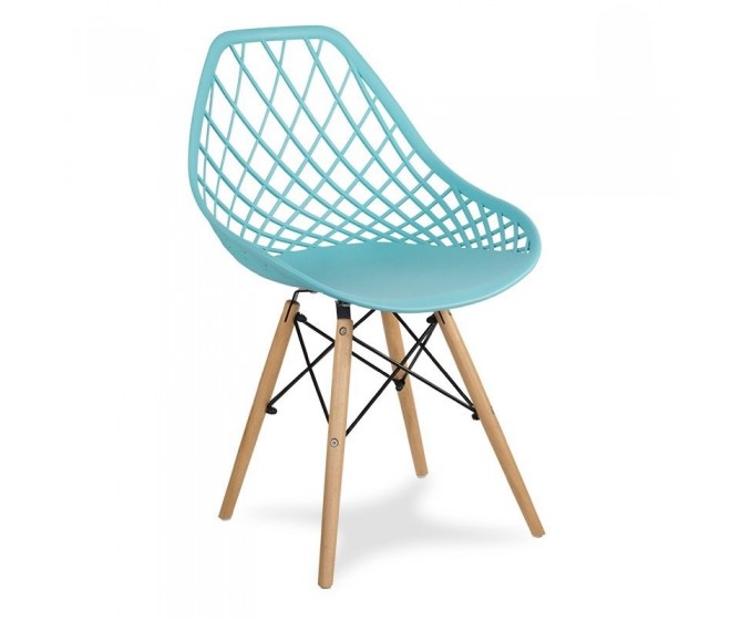 Modern Scandinavian openwork chair on wooden beech legs, stylish white