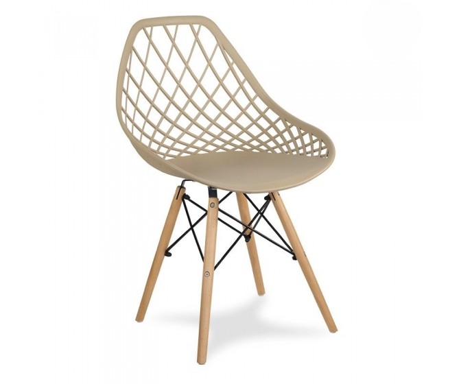 Modern Scandinavian openwork chair on wooden beech legs, stylish white