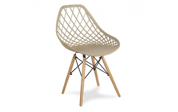 Modern Scandinavian openwork chair on wooden beech legs, stylish  turquoise