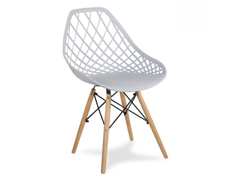 Modern Scandinavian openwork chair on wooden beech legs, stylish white