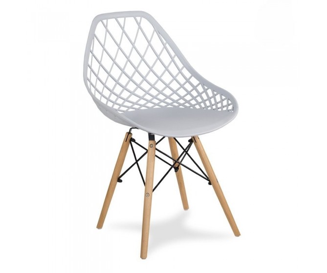 Modern Scandinavian openwork chair on wooden beech legs, stylish white