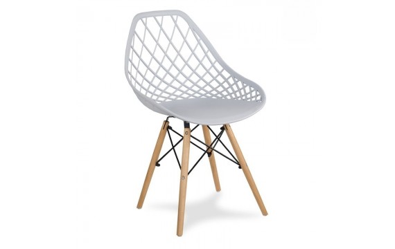 Modern Scandinavian openwork chair on wooden beech legs, stylish  turquoise