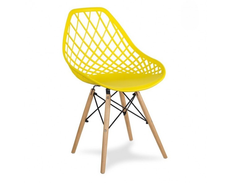 Modern Scandinavian openwork chair on wooden beech legs, stylish white