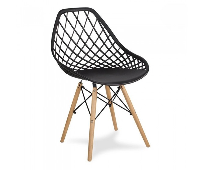 Modern Scandinavian openwork chair on wooden beech legs, stylish white