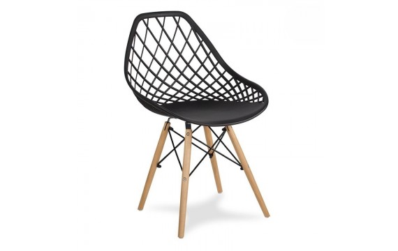 Modern Scandinavian openwork chair on wooden beech legs, stylish  turquoise