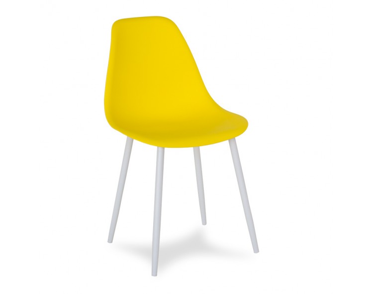 Scandinavian modern chair on metal white legs, stylish yellow