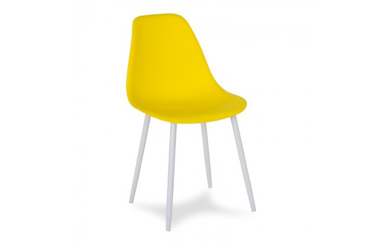 Scandinavian modern chair on metal white legs, stylish yellow