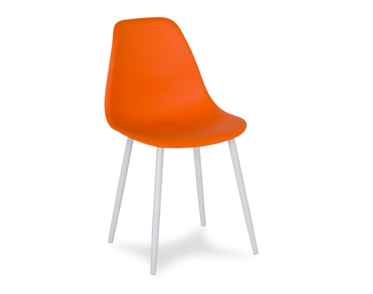 Scandinavian modern chair on metal white legs, stylish orange