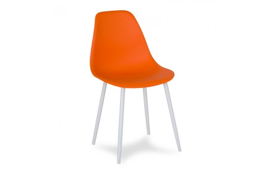 Scandinavian modern chair on metal white legs, stylish orange