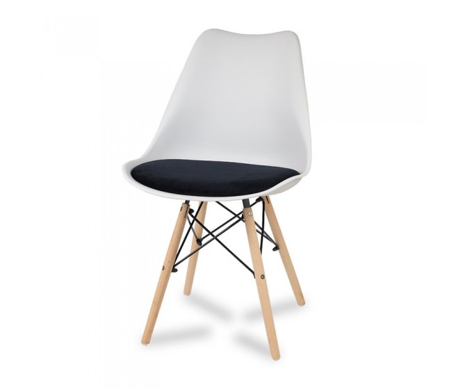 A modern chair with a velvet gray cushion on wooden beech legs, several colors