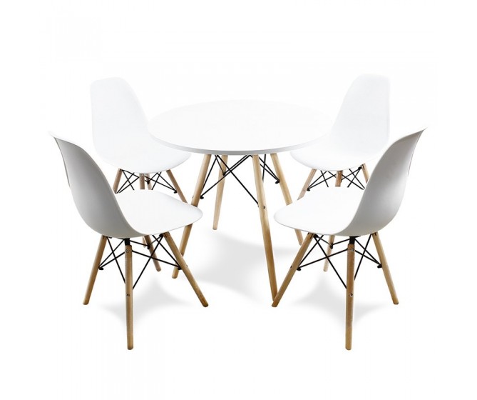 Round table + 4 white chairs, modern Scandinavian kitchen set