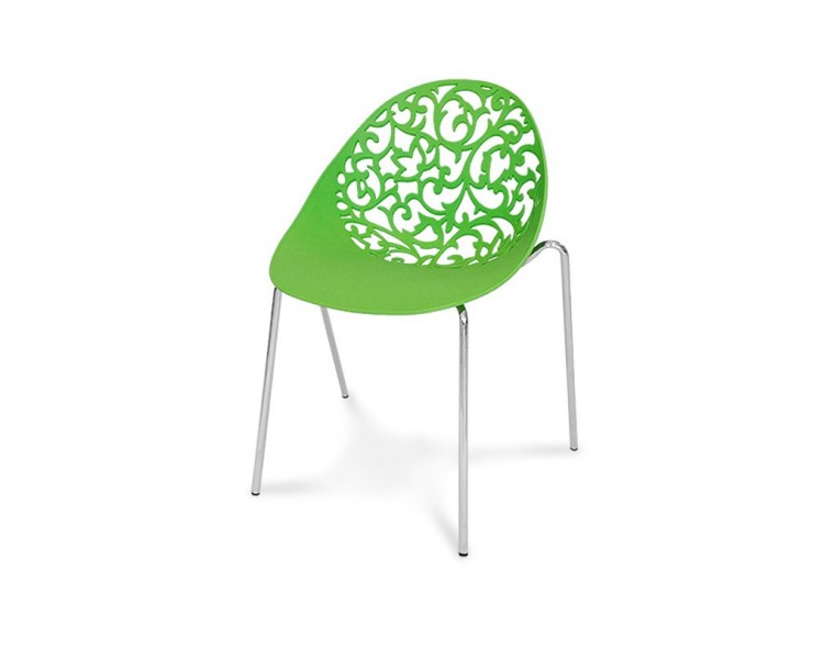 Openwork chair on metal chrome legs for the terrace to the garden Floral green