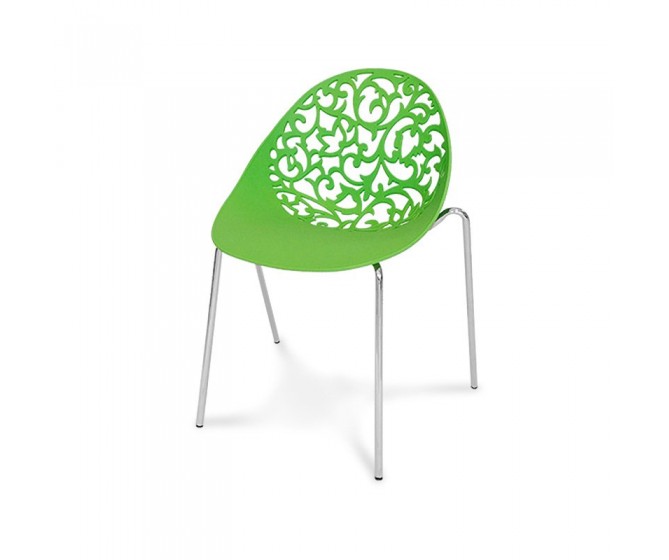 Openwork chair on metal chrome legs for the terrace to the garden Floral green