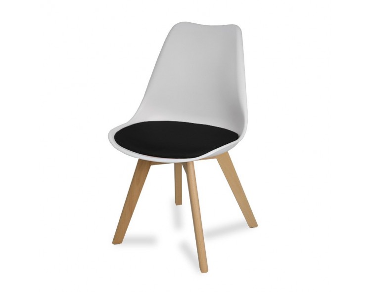 A modern white chair with wooden beech legs and a pillow