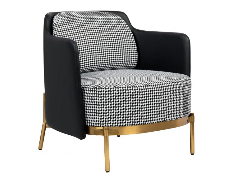 VENICE armchair, white and black houndstooth fabric, black eco-leather - gold foot