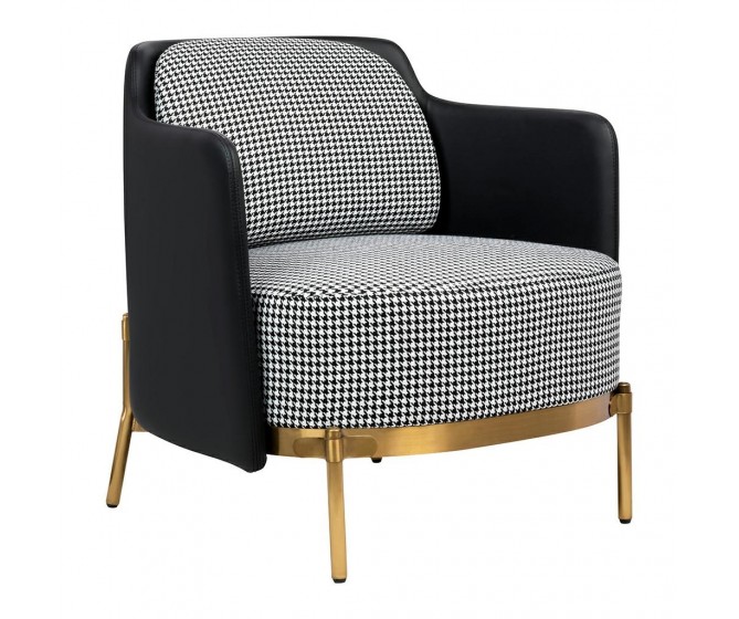 VENICE armchair, white and black houndstooth fabric, black eco-leather - gold foot