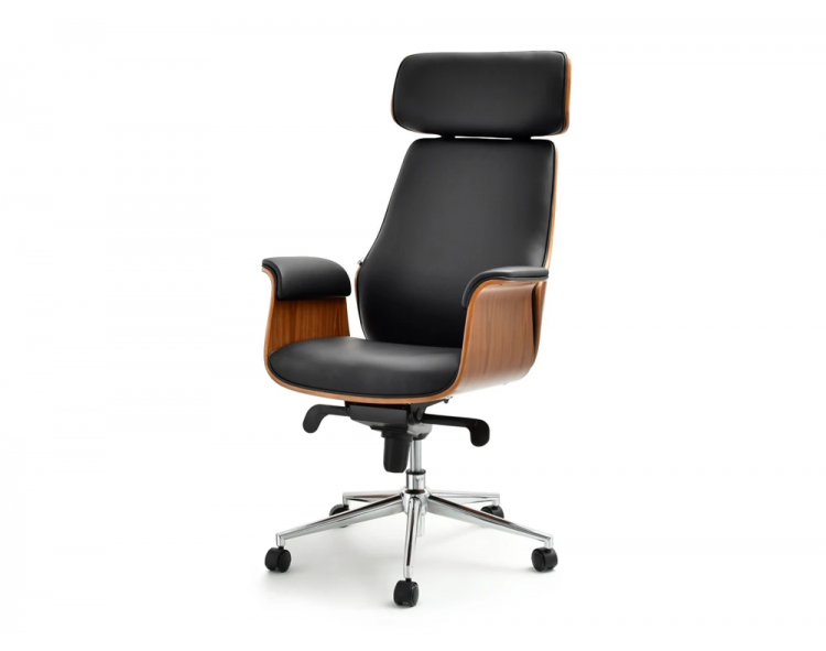 OFFICE CHAIR BLACK LEATHER WITH WALNUT WOOD ON CHROME LEG