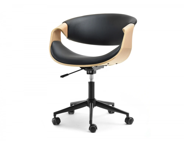 Wooden small office chair Rapid black leather plywood oak with black leg on wheels