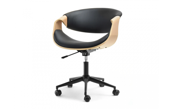 Frank high swivel armchair, black antic leather with a wooden body, burnt oak, for the office