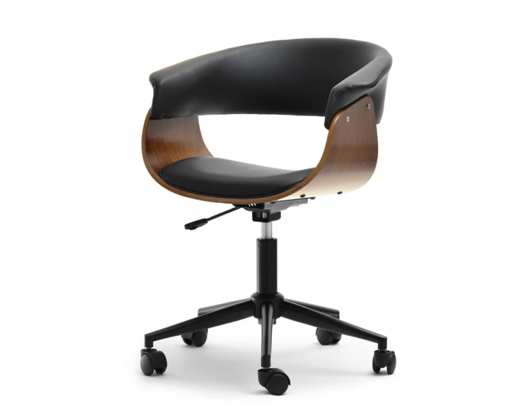 Manza loft swivel chair on wheels made of walnut wood and black leather for a desk