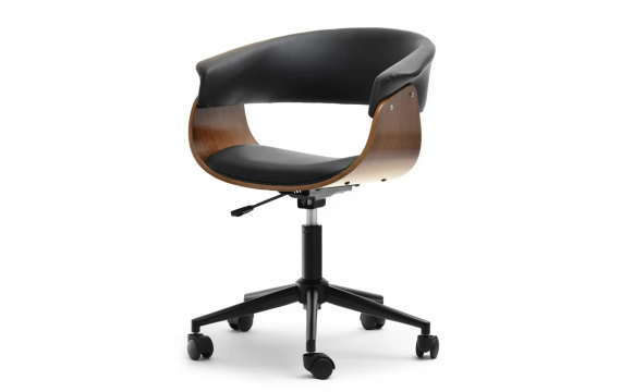 Manza loft swivel chair on wheels made of walnut wood and black leather for a desk