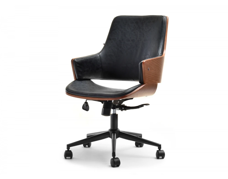 Comfortable Oskar black swivel office chair upholstered with antic leather and walnut wood