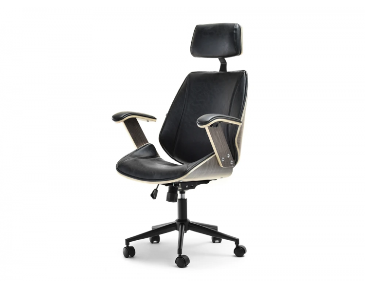 Frank high swivel armchair, black antic leather with a wooden body, burnt oak, for the office