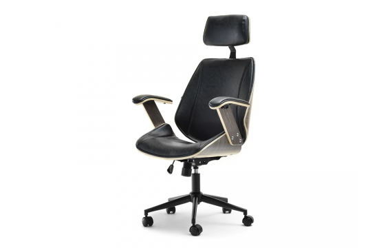 Frank high swivel armchair, black antic leather with a wooden body, burnt oak, for the office