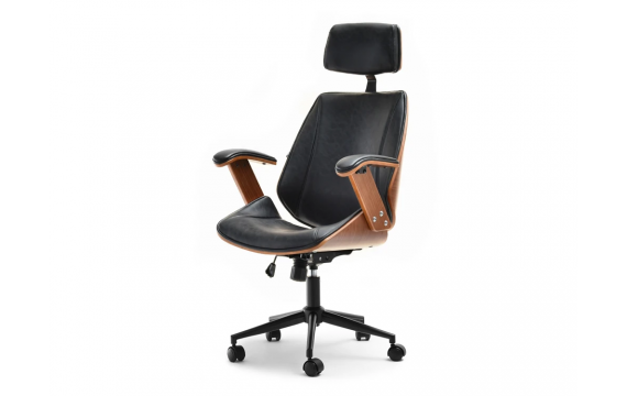 Frank high swivel armchair, black antic leather with a wooden body, burnt oak, for the office