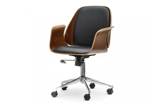 Frank high swivel armchair, black antic leather with a wooden body, burnt oak, for the office