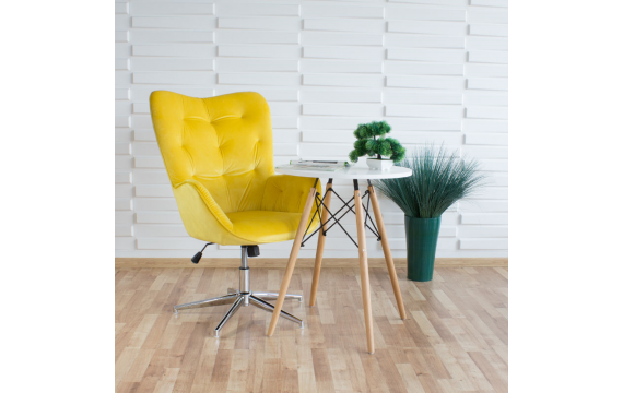 Scandinavian modern blue swivel armchair on a chrome-plated metal leg