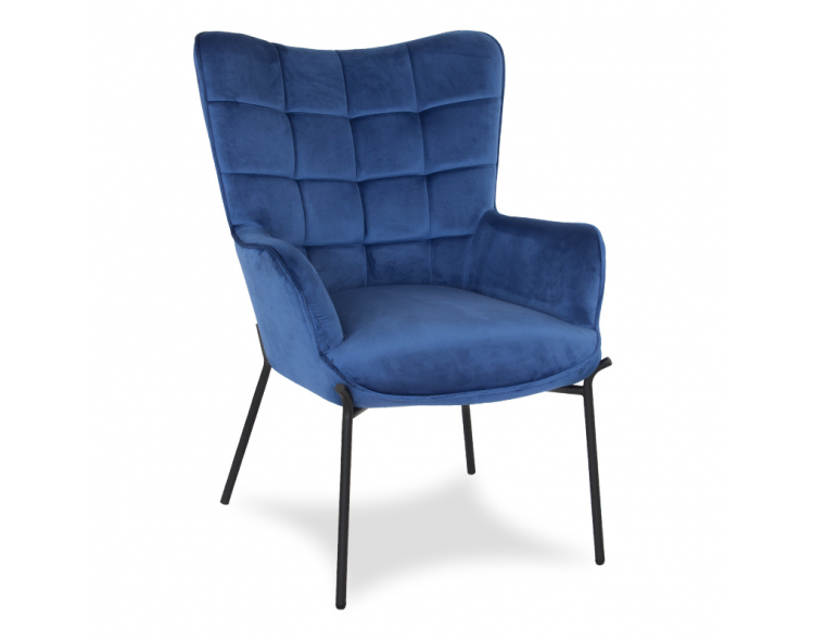 Blue Scandinavian velvet armchair with black metal legs