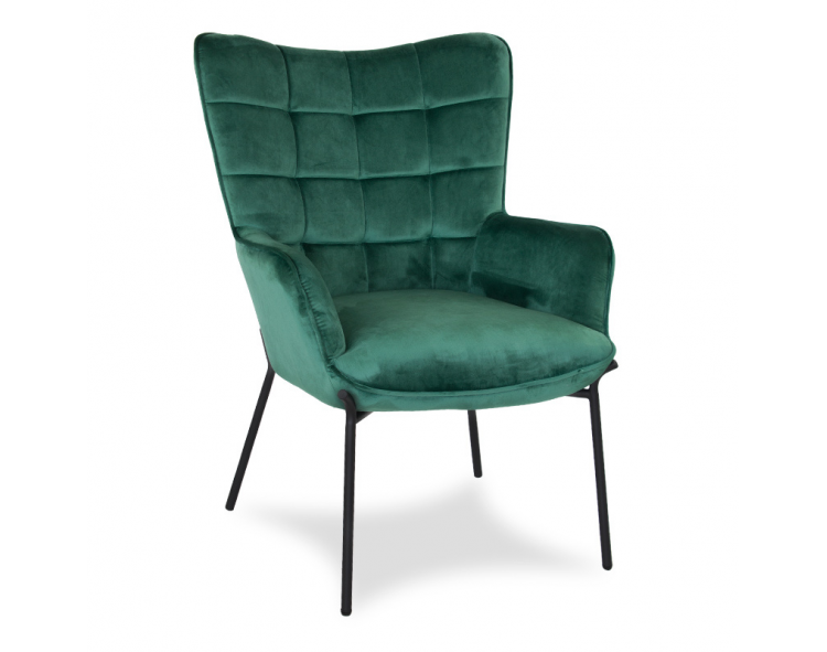 Green Scandinavian velvet armchair with black metal legs